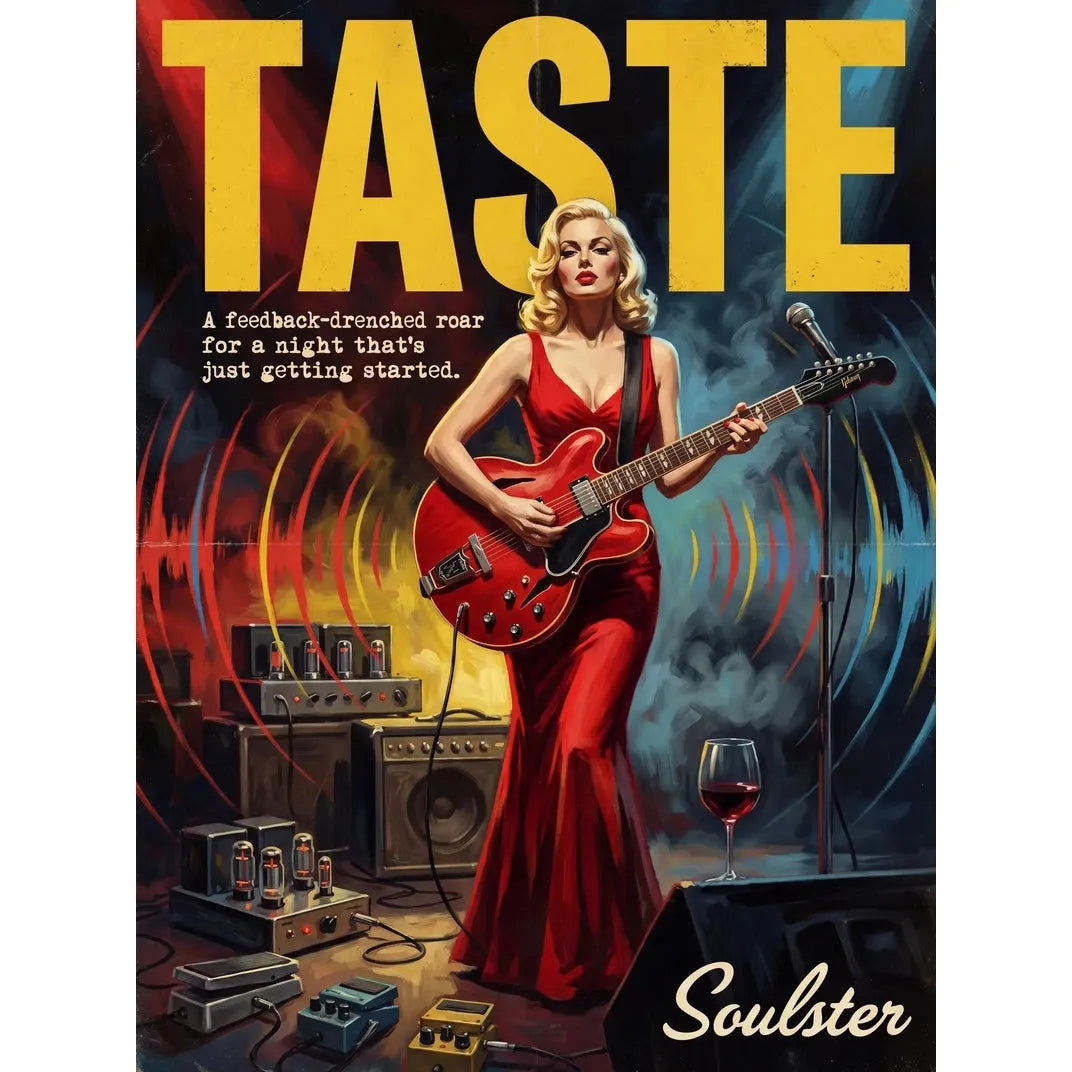Soulster cinematic vintage pulp book cover art print illustration styled in a classic 1950s design layout inspired by Taste.