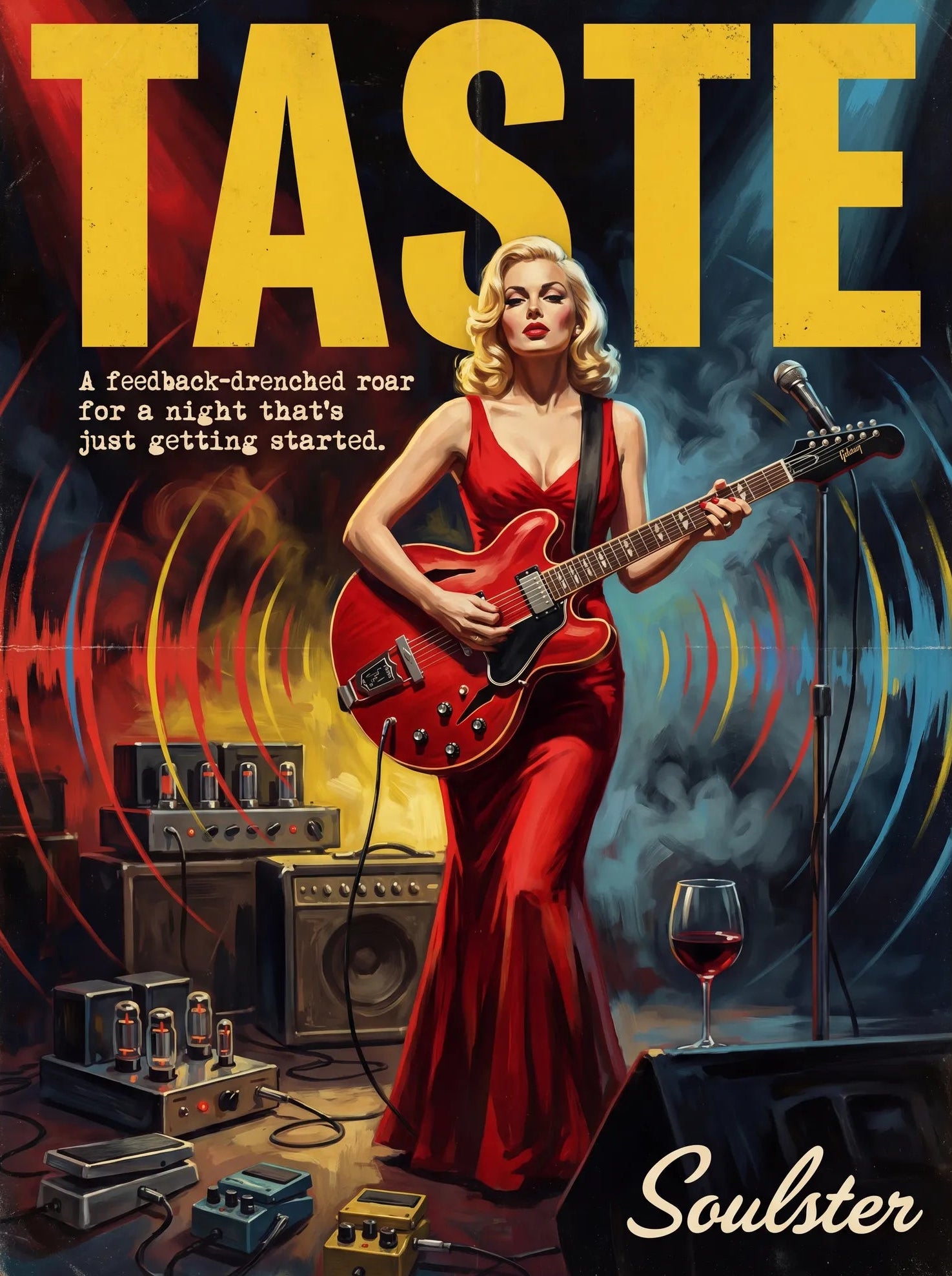 Soulster cinematic vintage pulp book cover art print illustration styled in a classic 1950s design layout inspired by Taste.