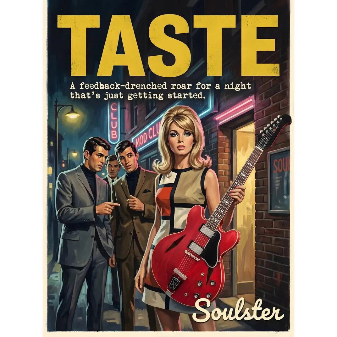 Soulster cinematic vintage pulp book cover art print illustration styled in a classic 1960s design layout inspired by Taste.