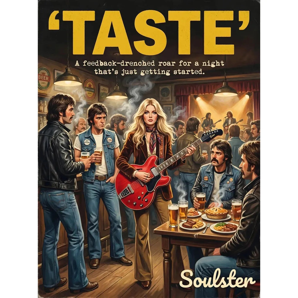 Soulster cinematic vintage pulp book cover art print illustration styled in a classic 1970s design layout inspired by Taste.