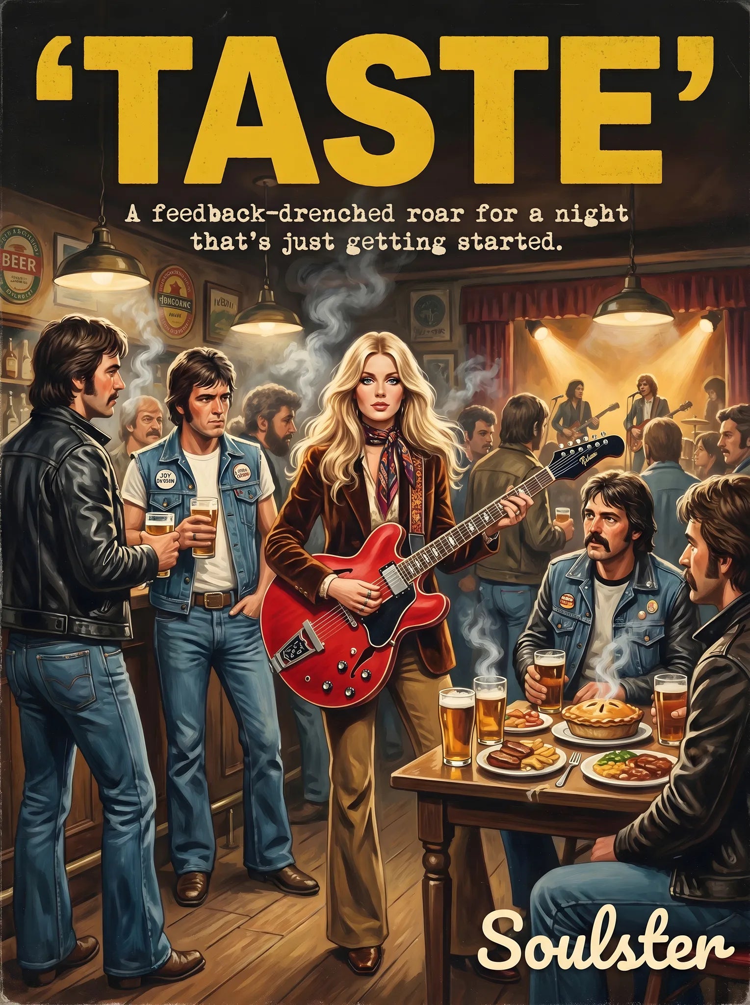 Soulster cinematic vintage pulp book cover art print illustration styled in a classic 1970s design layout inspired by Taste.