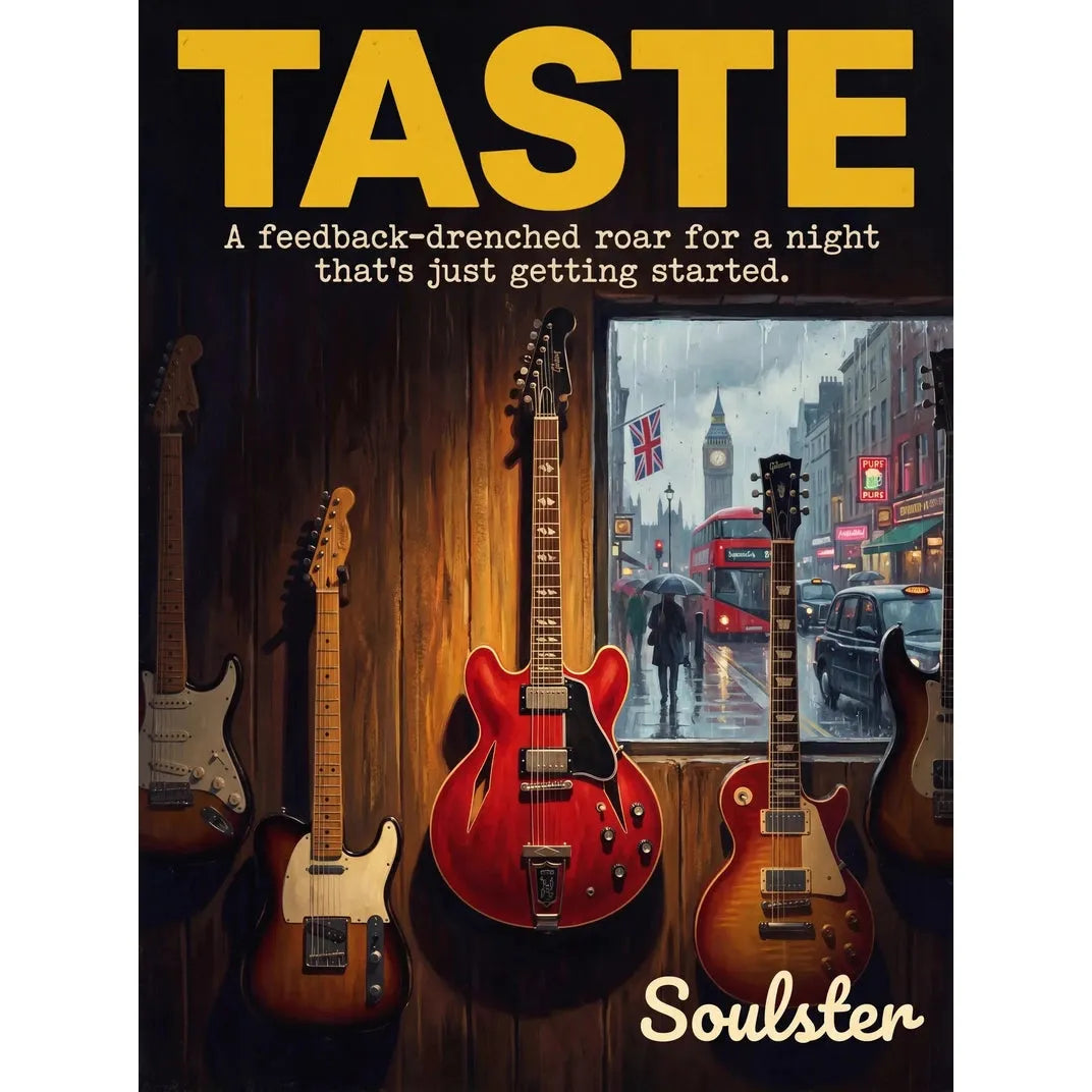 Soulster Manchester Edition wall art print showing a cinematic pulp style design of a Vintage Guitar inspired by Taste - London.