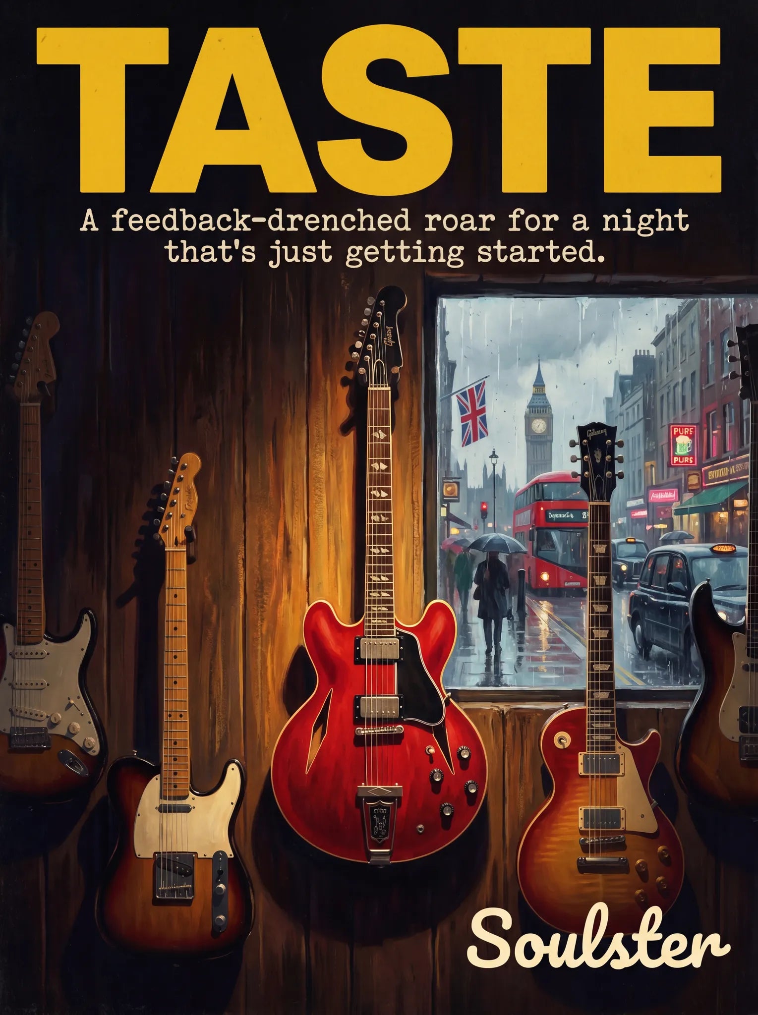 Soulster Manchester Edition wall art print showing a cinematic pulp style design of a Vintage Guitar inspired by Taste - London.