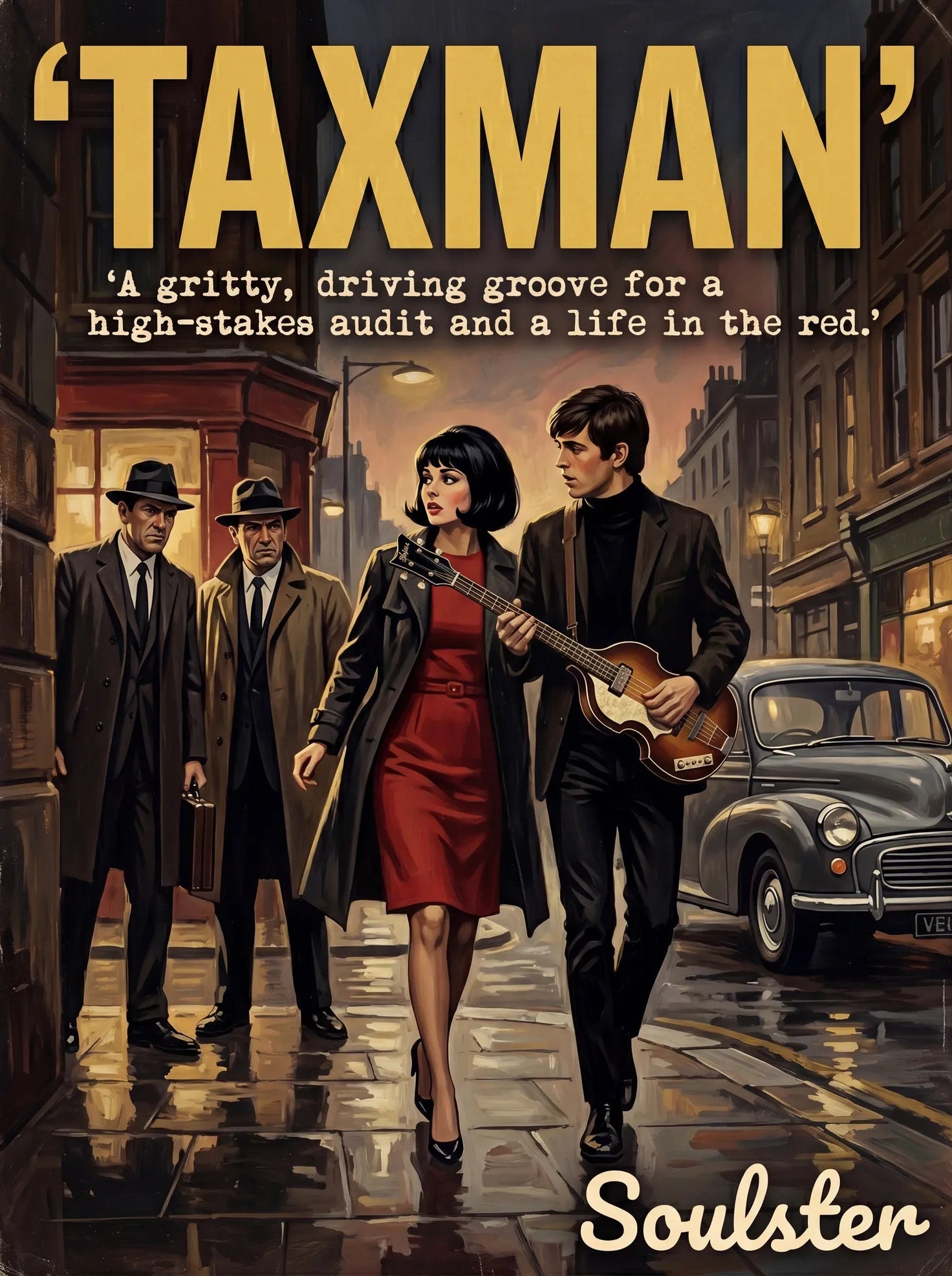 Soulster cinematic vintage pulp book cover art print illustration styled in a classic 1960s design layout inspired by Taxman.
