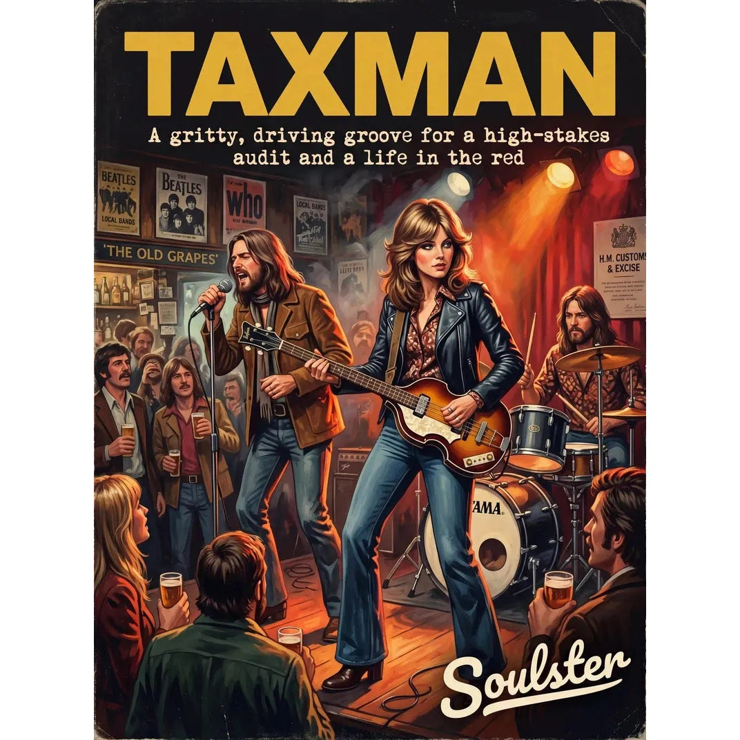 Soulster cinematic vintage pulp book cover art print illustration styled in a classic 1970s design layout inspired by Taxman.