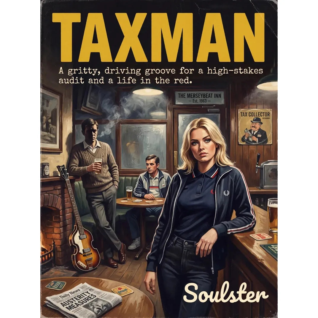 Soulster retro pulp thriller book cover style art print illustration inspired by The Beatles - Taxman.