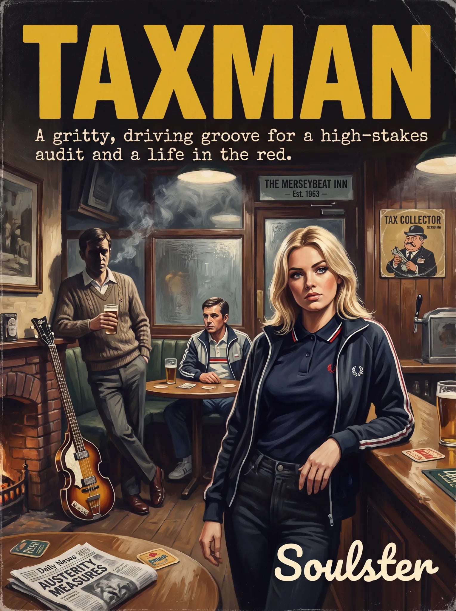 Soulster retro pulp thriller book cover style art print illustration inspired by The Beatles - Taxman.
