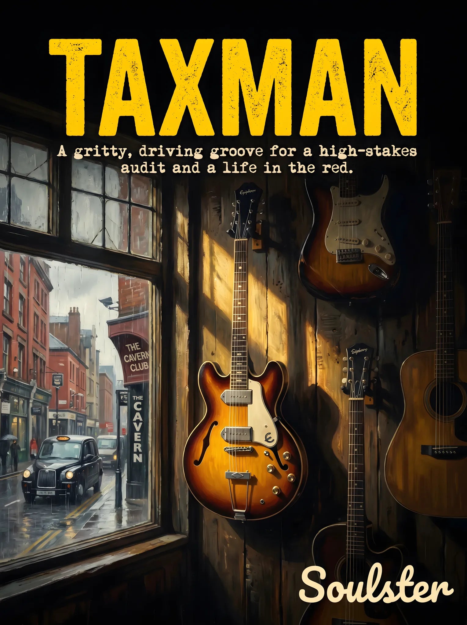 Soulster Manchester Edition wall art print showing a cinematic pulp style design of a Epiphone Casino inspired by Taxman - Liverpool.
