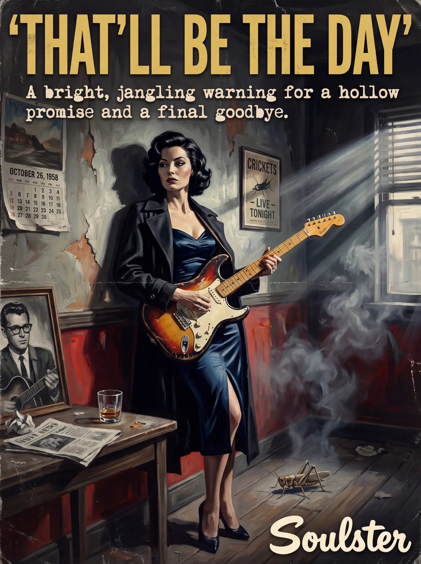 Soulster cinematic vintage pulp book cover art print illustration styled in a classic 1950s theme inspired by That'll Be The Day.