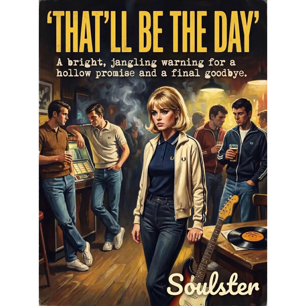 Soulster retro pulp thriller book cover style art print illustration inspired by Alternative Indie - That'll Be The Day.