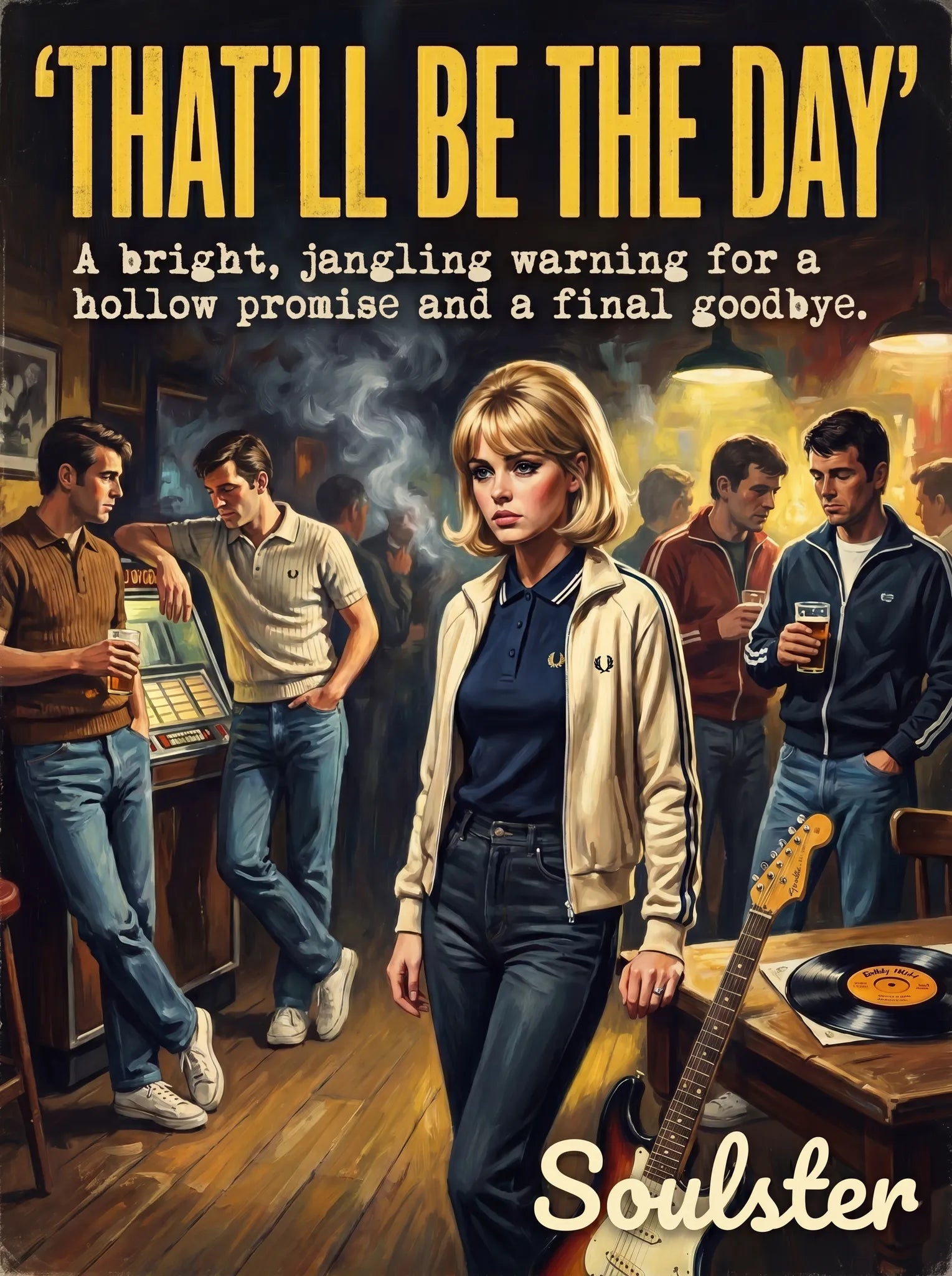 Soulster retro pulp thriller book cover style art print illustration inspired by Alternative Indie - That'll Be The Day.