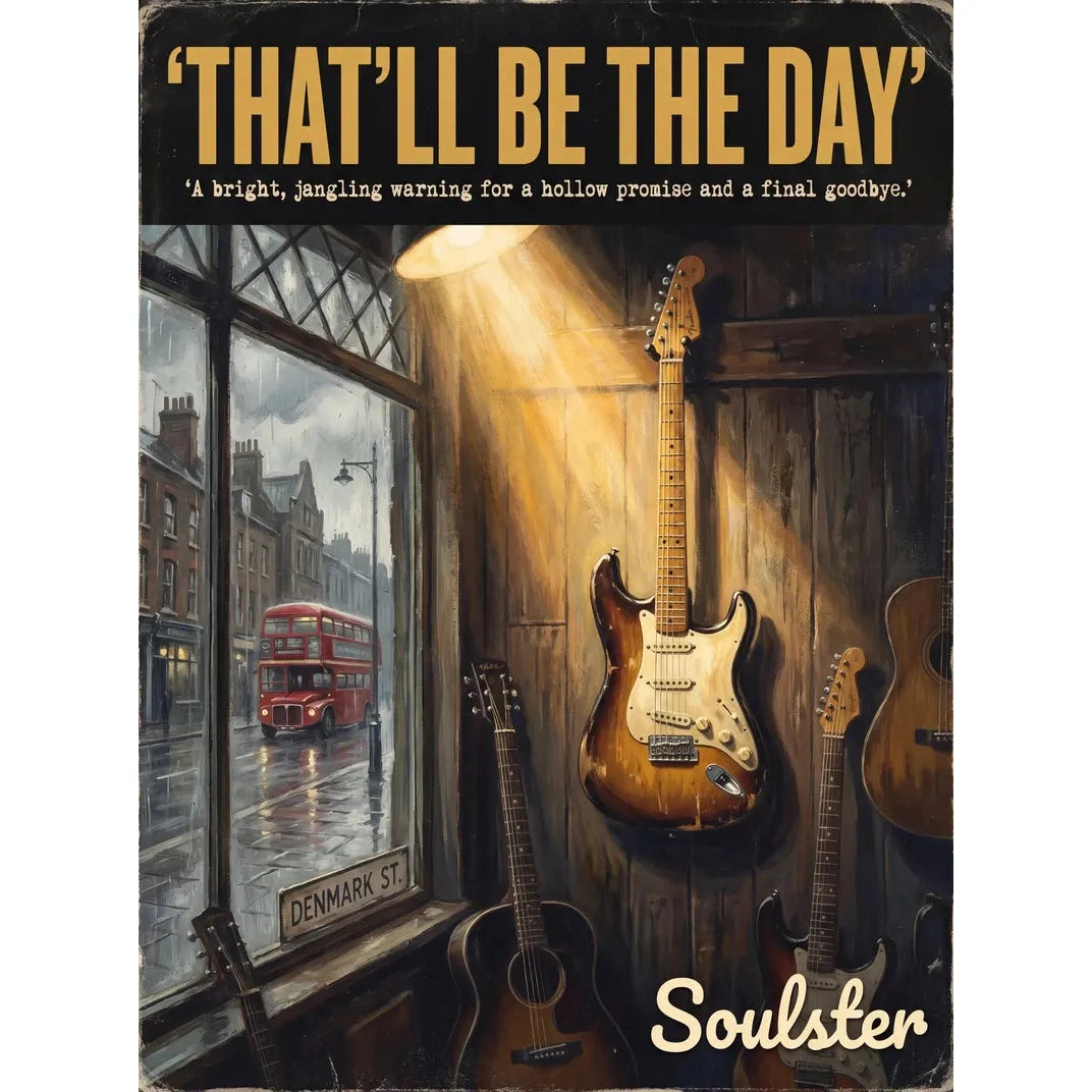 Soulster Manchester Edition wall art print showing a cinematic pulp style design of a Vintage Guitar inspired by That'll Be The Day - London.