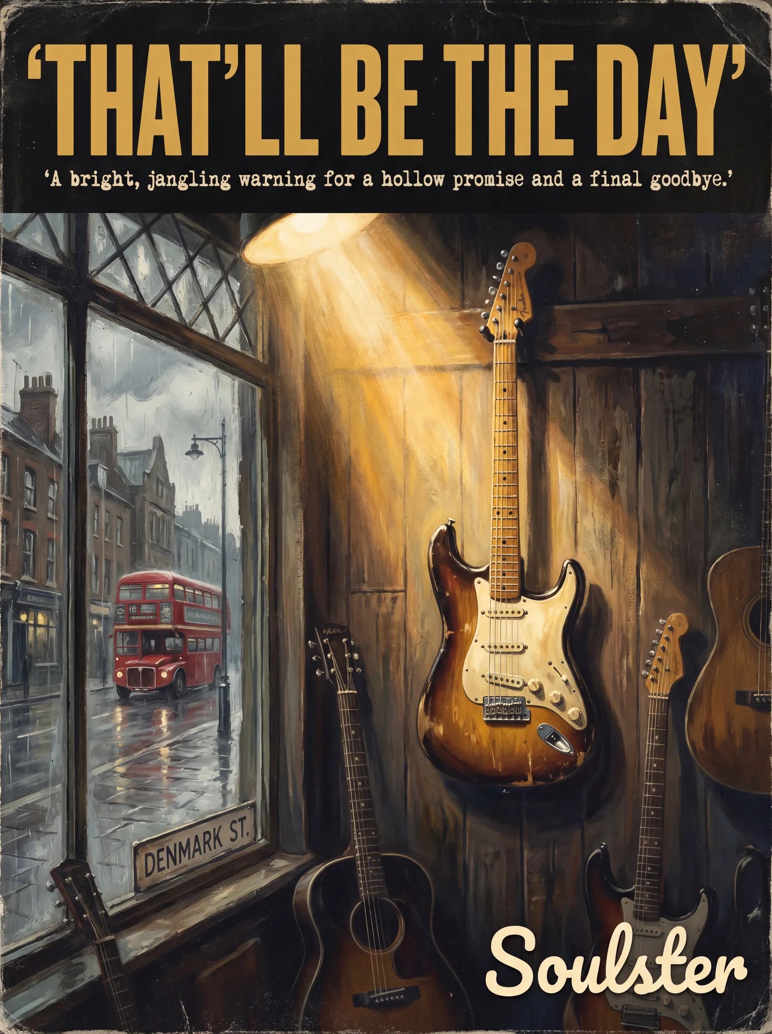 Soulster Manchester Edition wall art print showing a cinematic pulp style design of a Vintage Guitar inspired by That'll Be The Day - London.