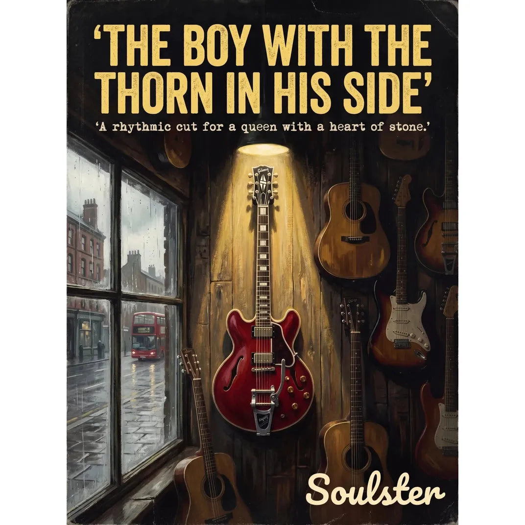 Soulster Manchester Edition wall art print showing a cinematic pulp style design of a Gibson ES-355 Custom inspired by The Boy With The Thorn In His Side.