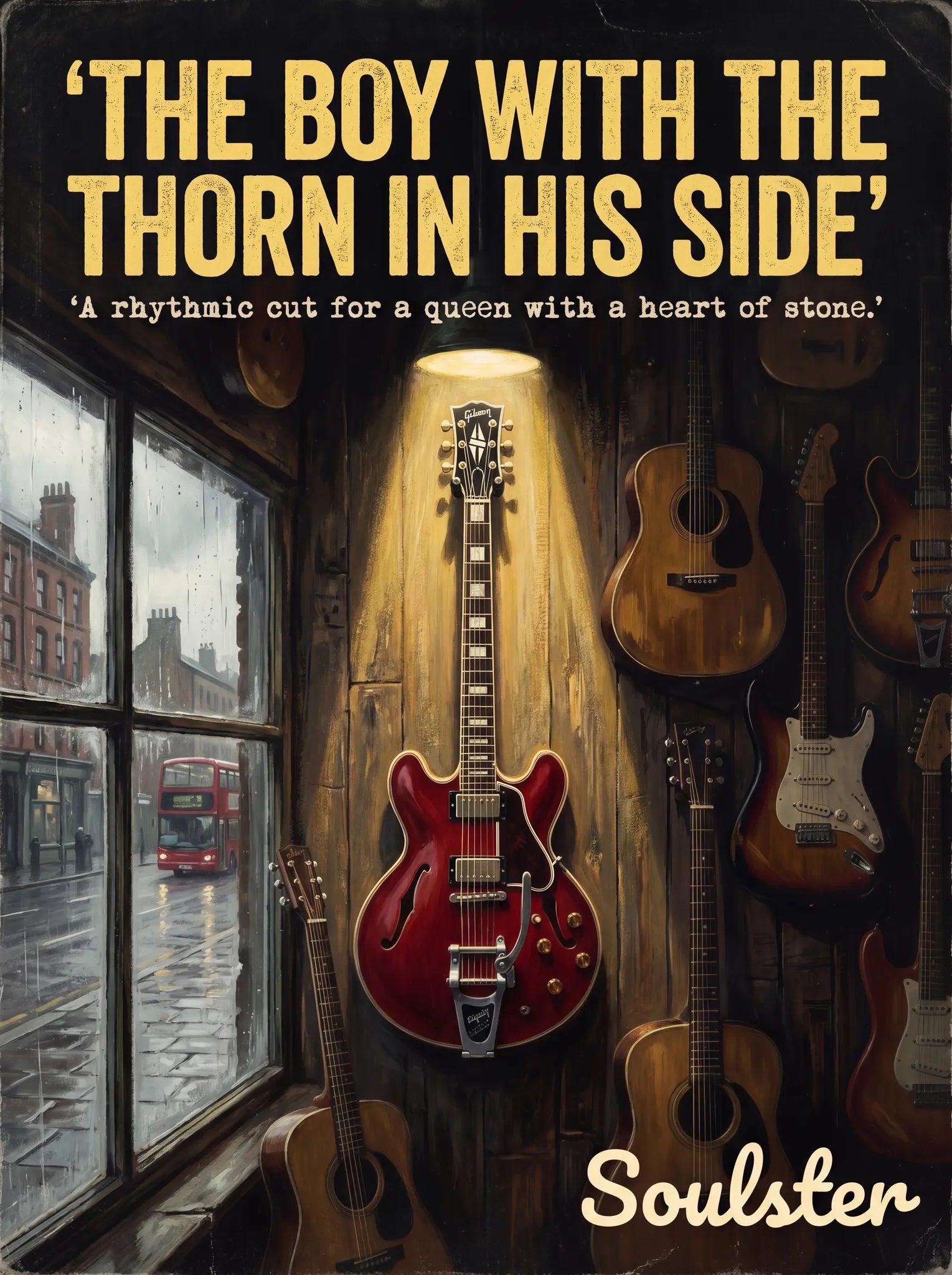 Soulster Manchester Edition wall art print showing a cinematic pulp style design of a Gibson ES-355 Custom inspired by The Boy With The Thorn In His Side.