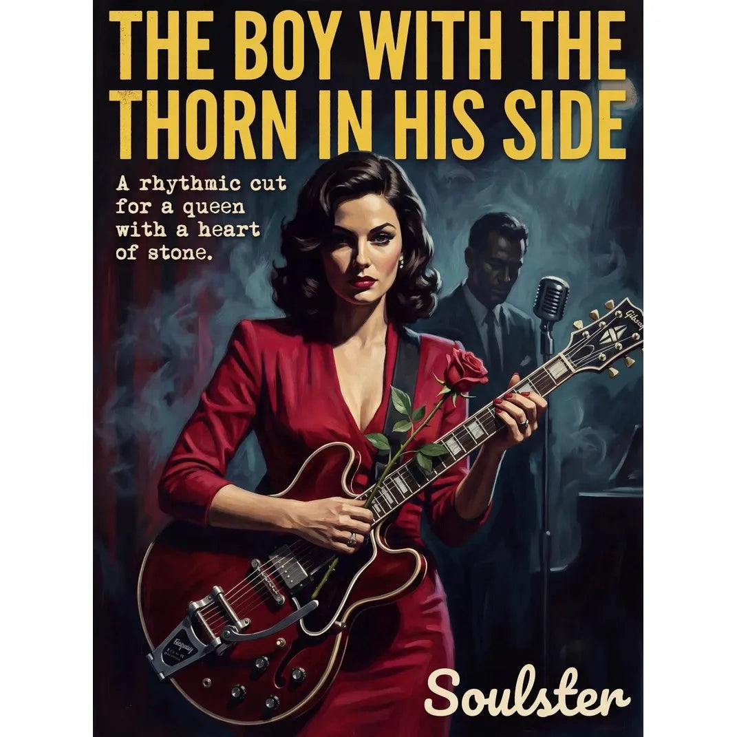 Soulster cinematic vintage pulp book cover art print illustration styled in a classic 1950s design layout inspired by The Boy With The Thorn In His Side.