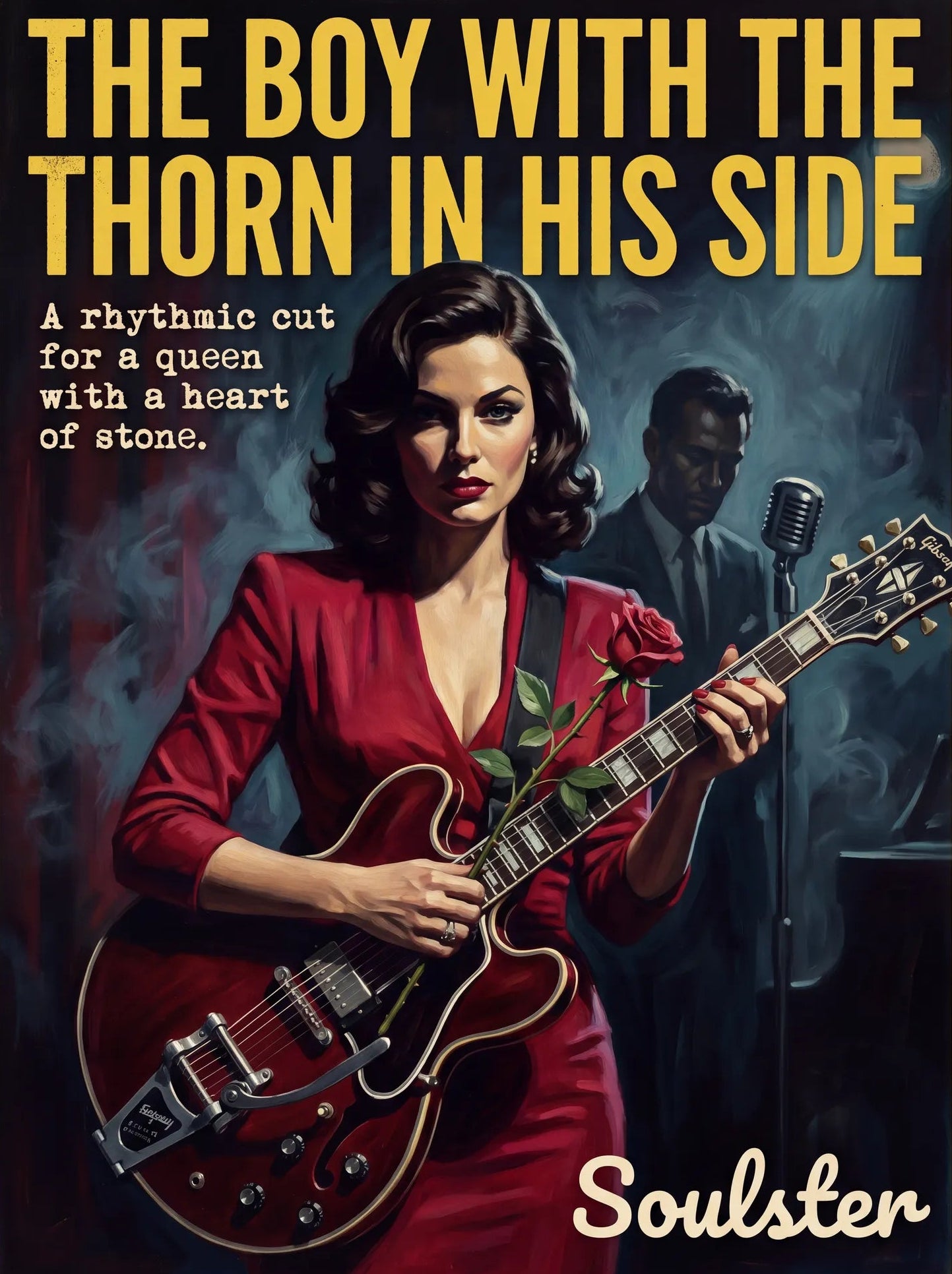 Soulster cinematic vintage pulp book cover art print illustration styled in a classic 1950s design layout inspired by The Boy With The Thorn In His Side.