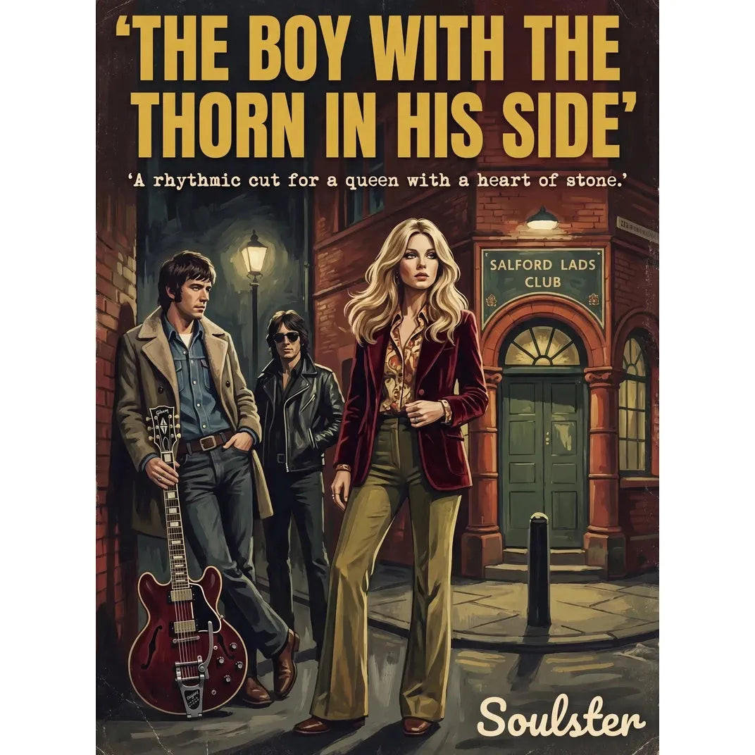 Soulster cinematic vintage pulp book cover art print illustration styled in a classic 1970s design layout inspired by The Boy With The Thorn In His Side.