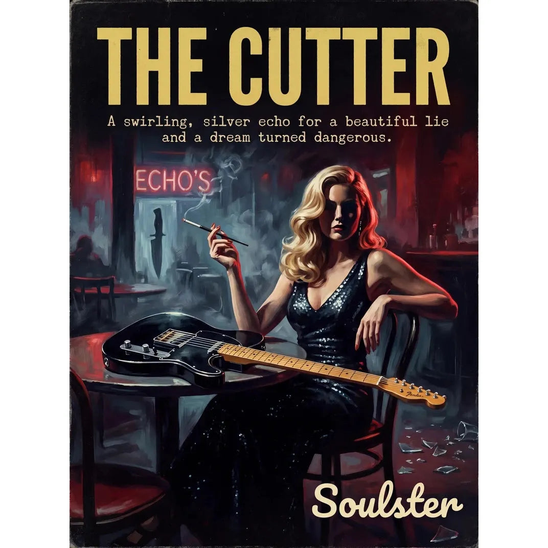 Soulster cinematic vintage pulp book cover art print illustration styled in a classic 1950s design layout inspired by The Cutter.