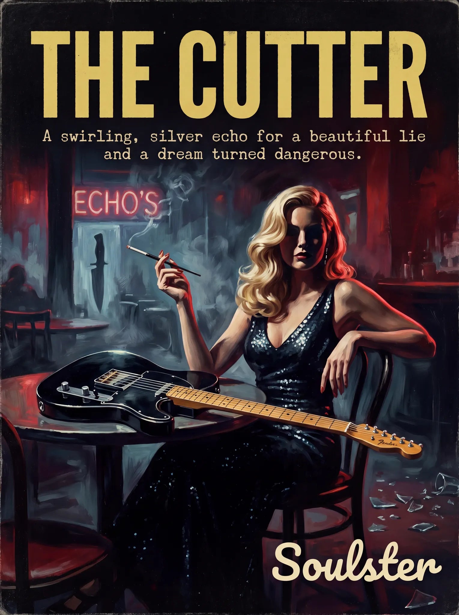 Soulster cinematic vintage pulp book cover art print illustration styled in a classic 1950s design layout inspired by The Cutter.
