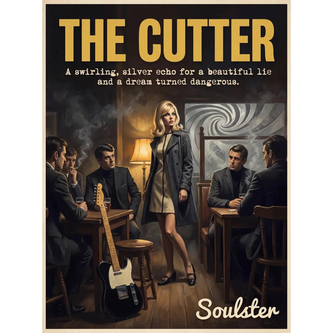 Soulster cinematic vintage pulp book cover art print illustration styled in a classic 1960s design layout inspired by The Cutter.