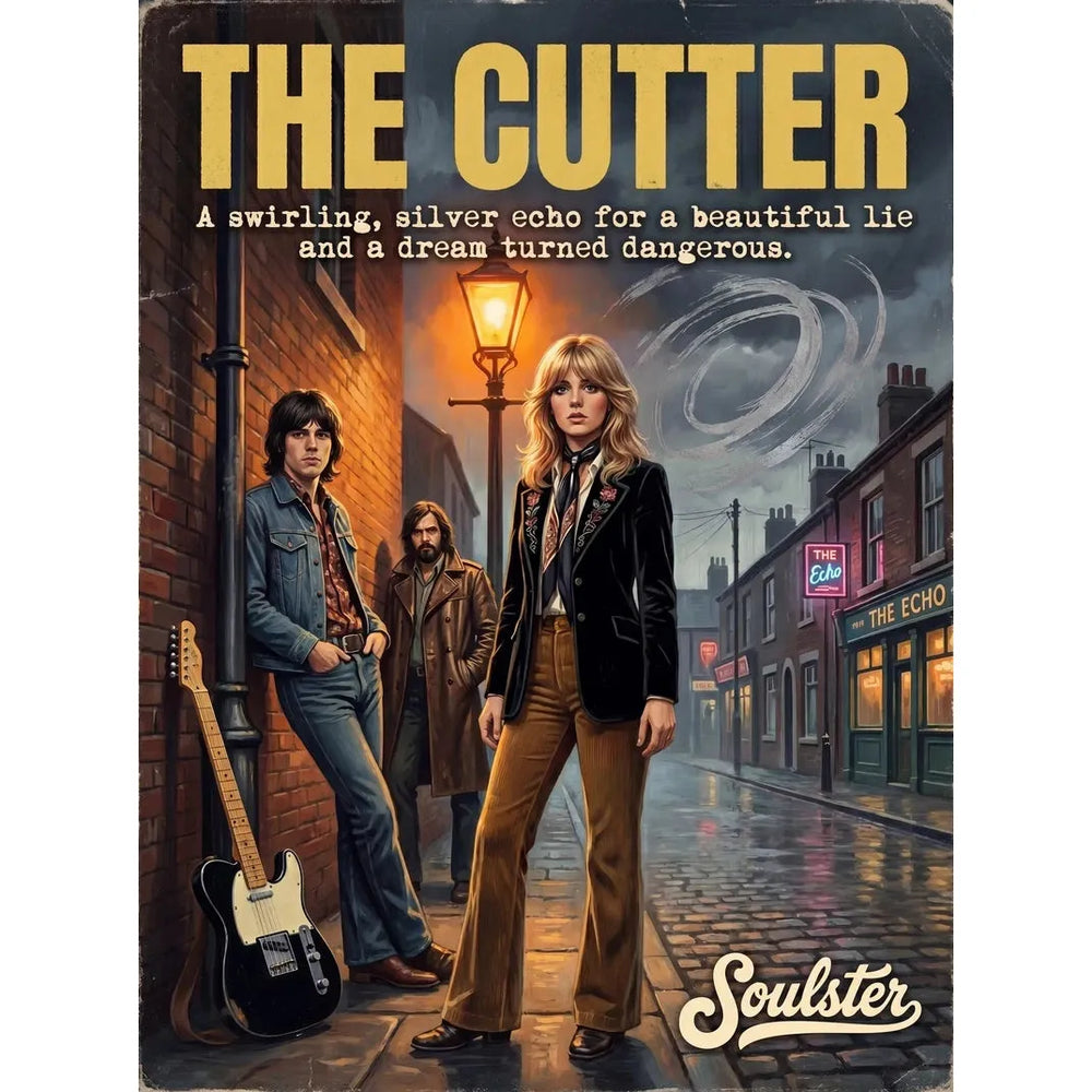 Soulster cinematic vintage pulp book cover art print illustration styled in a classic 1970s design layout inspired by The Cutter.