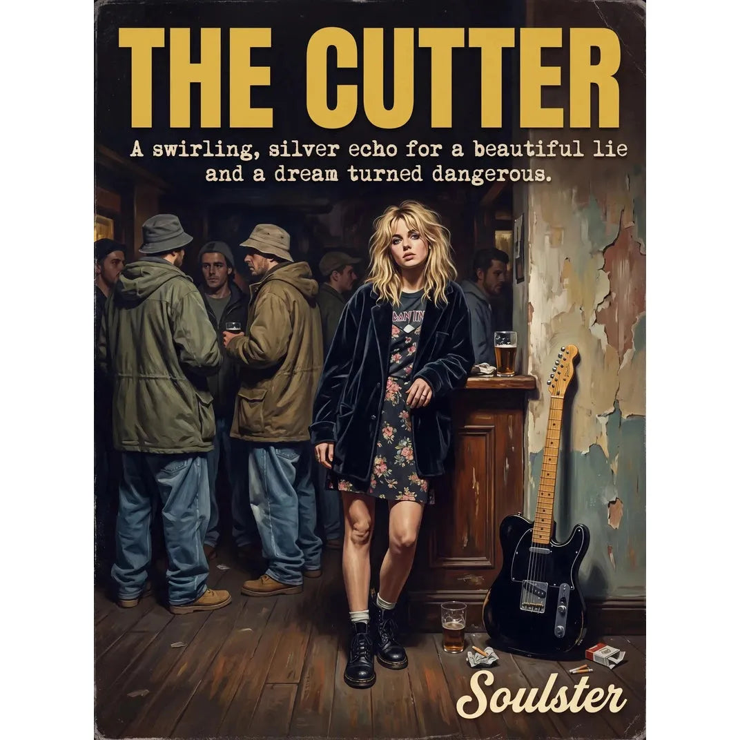 Soulster cinematic vintage pulp book cover art print illustration styled in a classic 1990s design layout inspired by The Cutter.