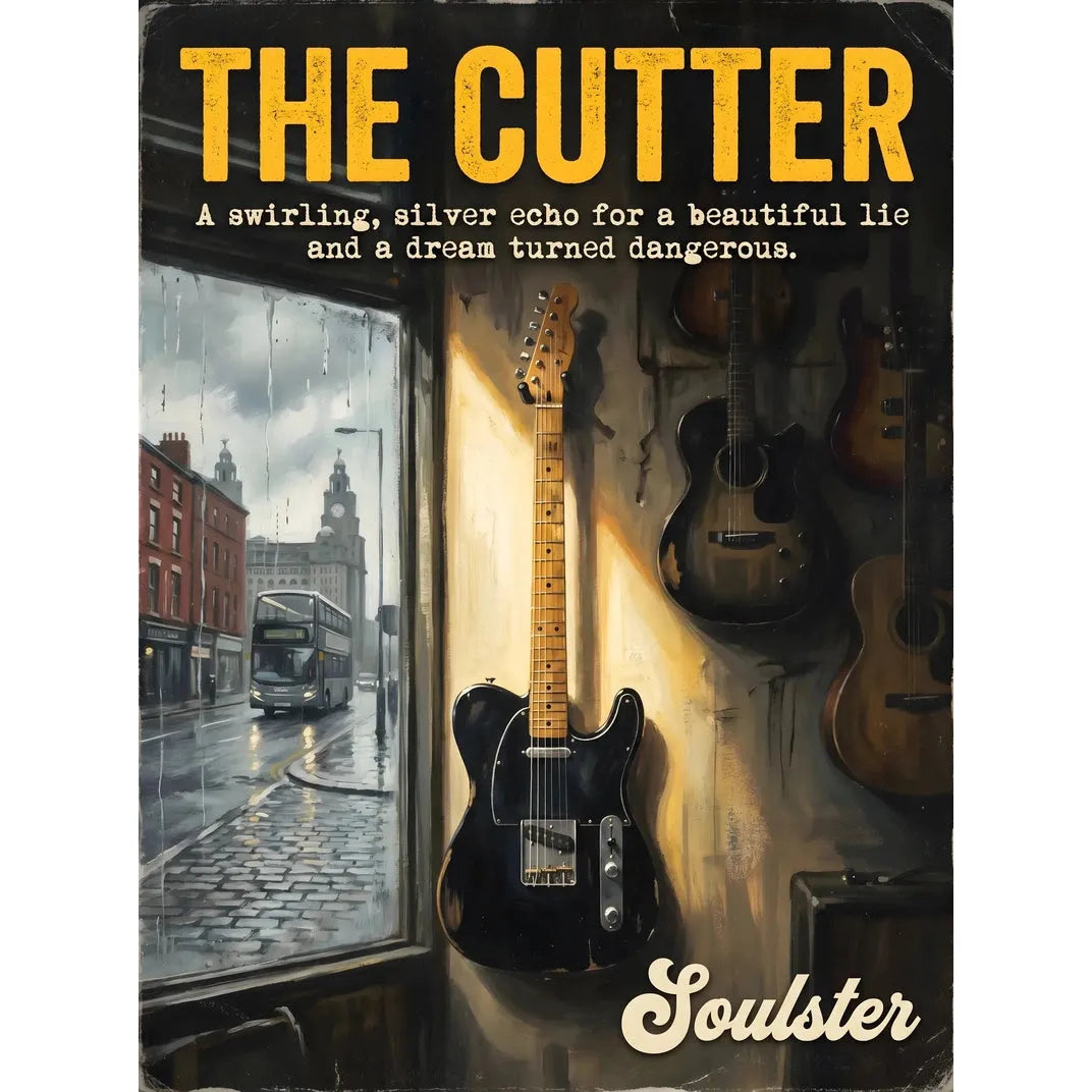 Soulster Manchester Edition wall art print showing a cinematic pulp style design of a Vintage Guitar inspired by The Cutter - Liverpool.