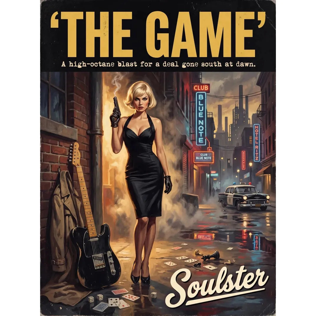 Soulster cinematic vintage pulp book cover art print illustration styled in a classic 1950s design layout inspired by The Game.