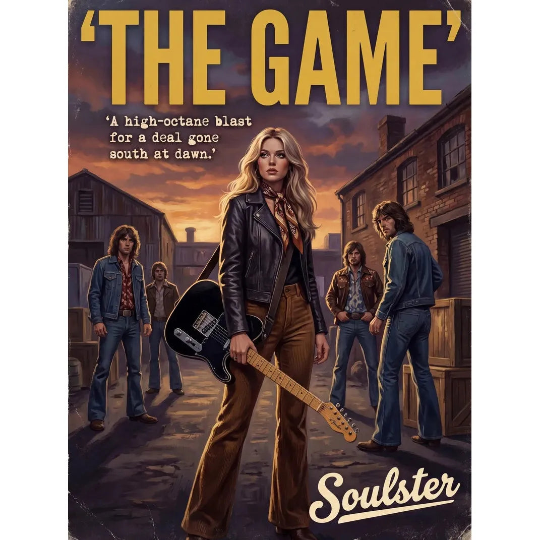 Soulster cinematic vintage pulp book cover art print illustration styled in a classic 1970s design layout inspired by The Game.