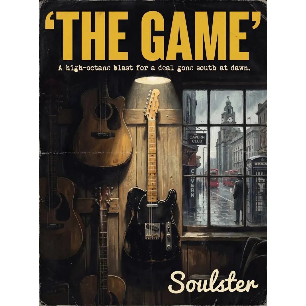 Soulster Manchester Edition wall art print showing a cinematic pulp style design of a Vintage Guitar inspired by The Game - Liverpool.