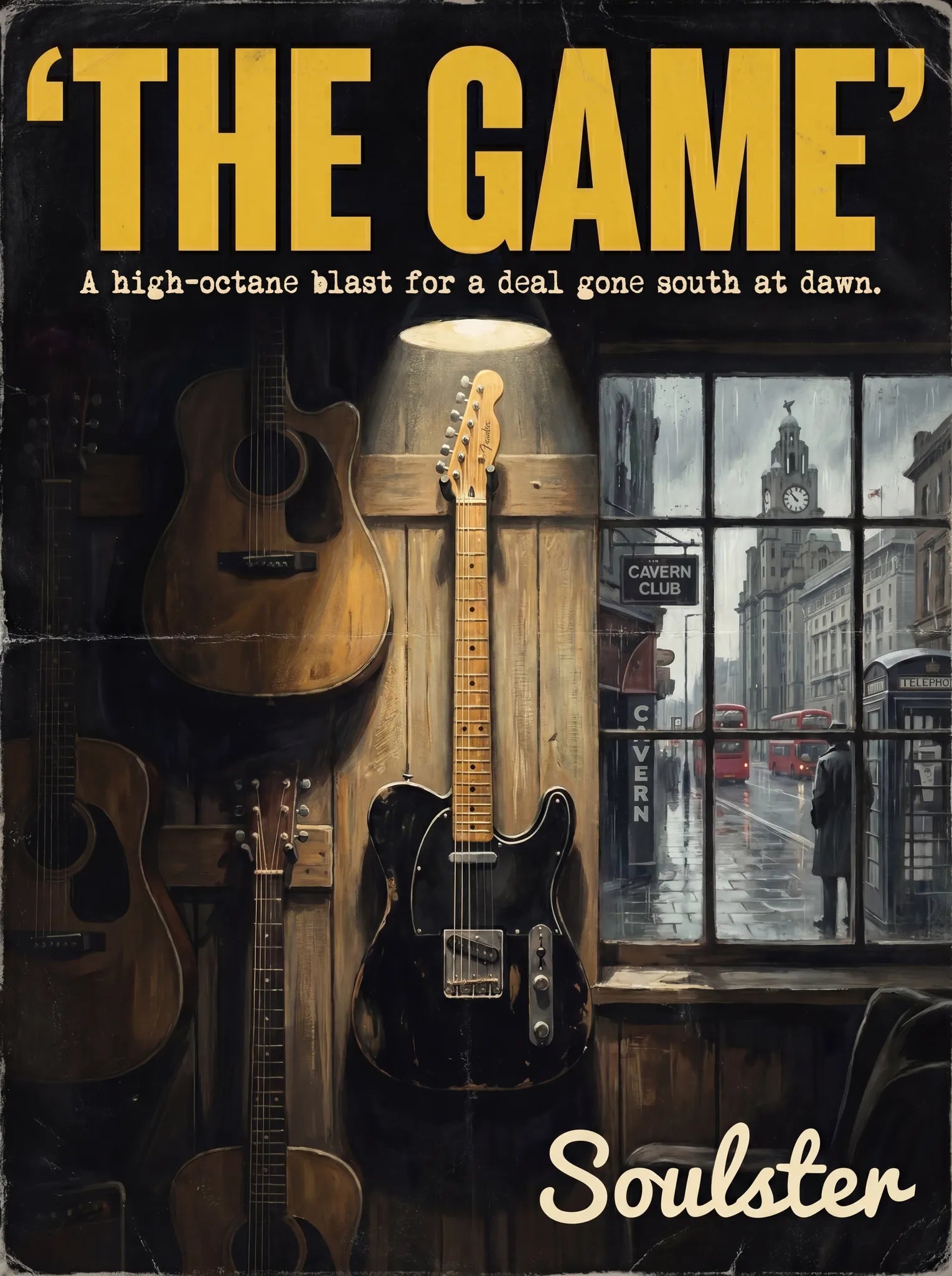 Soulster Manchester Edition wall art print showing a cinematic pulp style design of a Vintage Guitar inspired by The Game - Liverpool.
