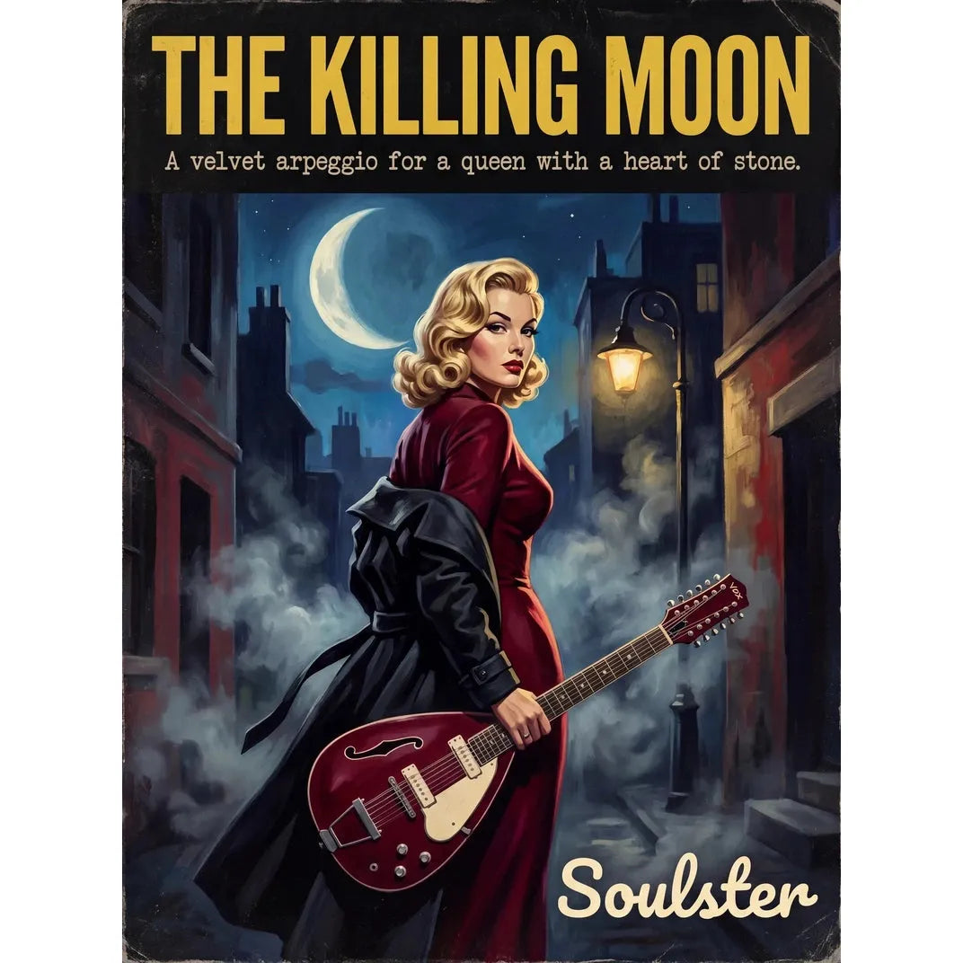Soulster cinematic vintage pulp book cover art print illustration styled in a classic 1950s design layout inspired by The Killing Moon.