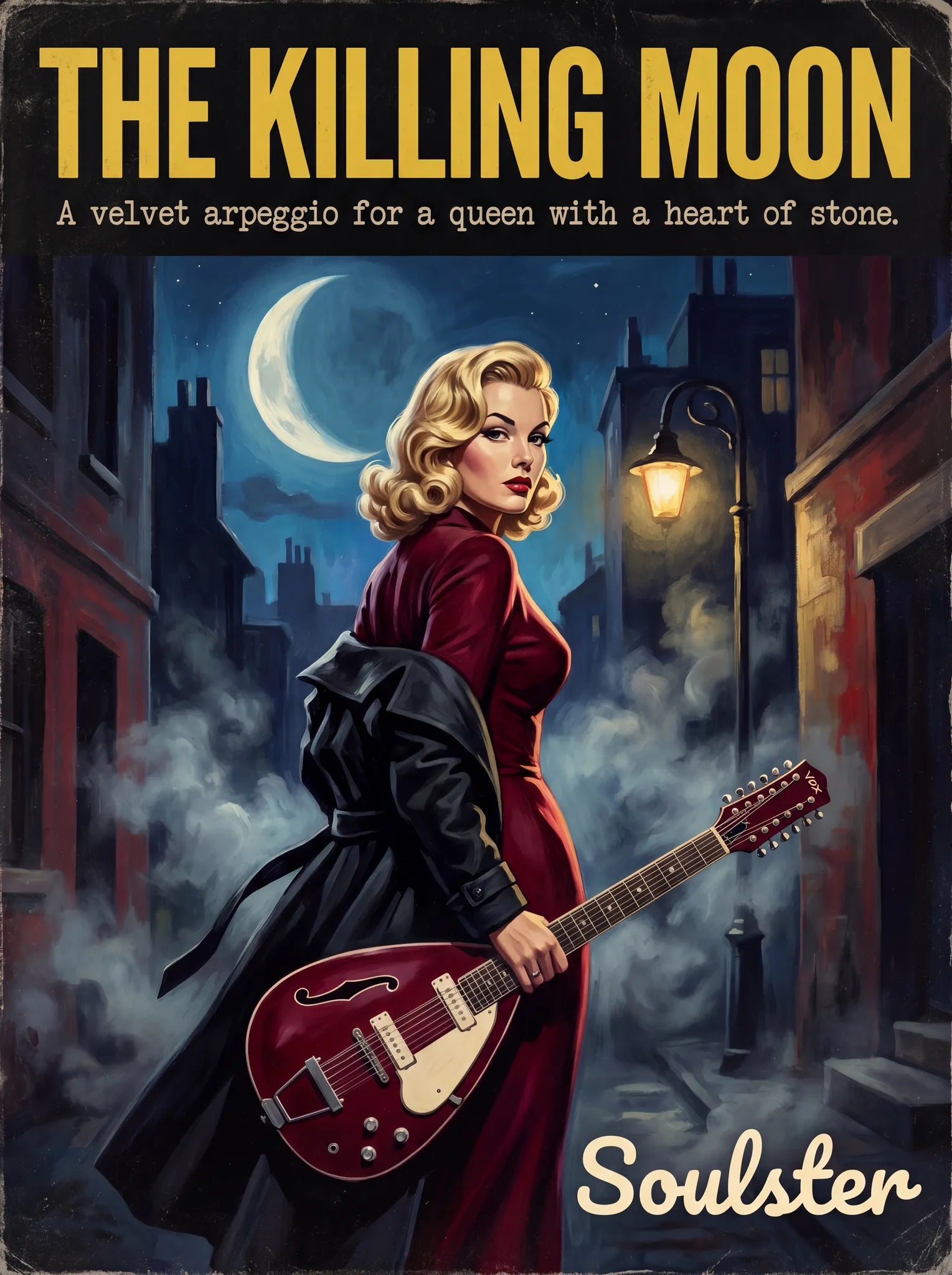 Soulster cinematic vintage pulp book cover art print illustration styled in a classic 1950s design layout inspired by The Killing Moon.