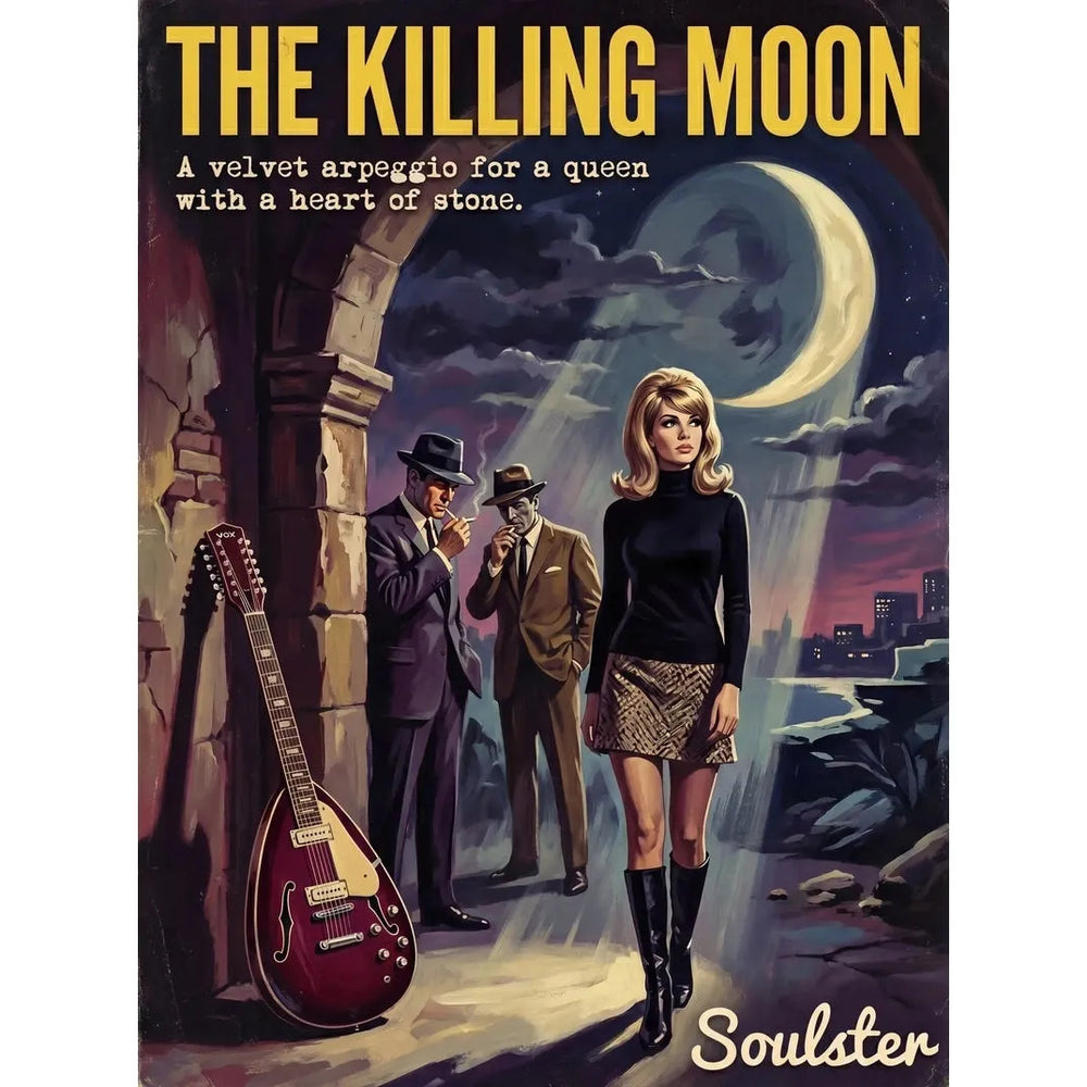 Soulster cinematic vintage pulp book cover art print illustration styled in a classic 1960s design layout inspired by The Killing Moon.
