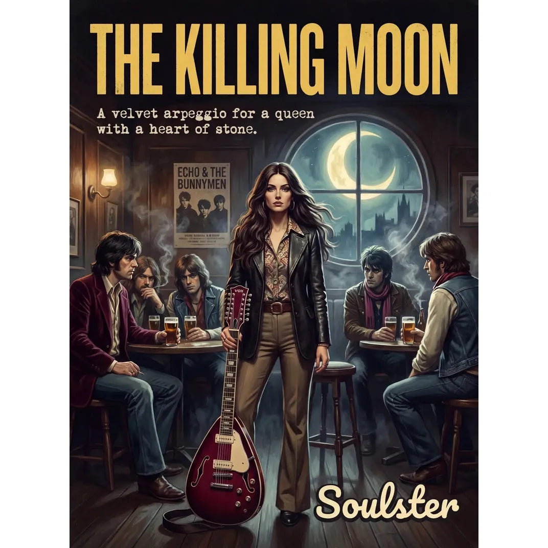 Soulster cinematic vintage pulp book cover art print illustration styled in a classic 1970s design layout inspired by The Killing Moon.