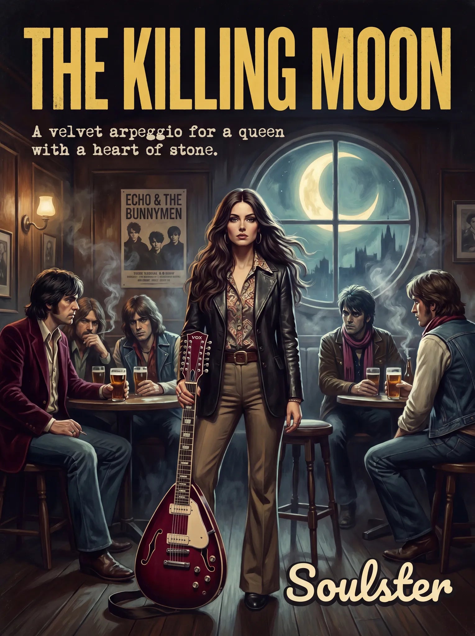 Soulster cinematic vintage pulp book cover art print illustration styled in a classic 1970s design layout inspired by The Killing Moon.