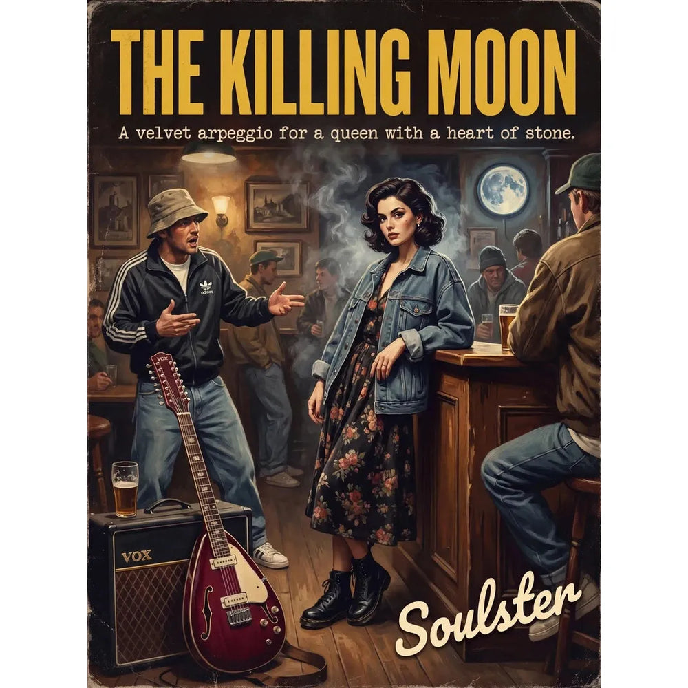 Soulster cinematic vintage pulp book cover art print illustration styled in a classic 1990s design layout inspired by The Killing Moon.