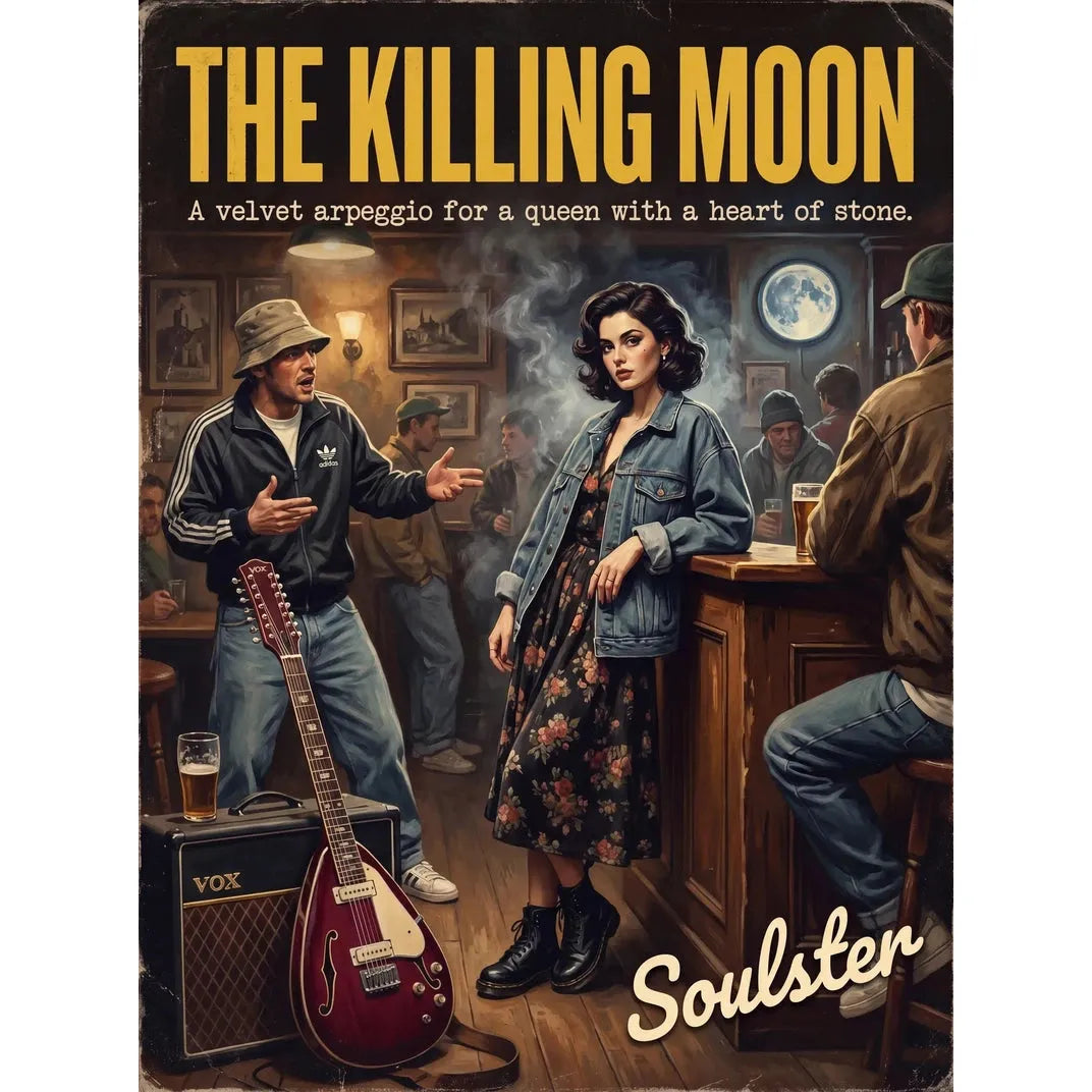 Soulster cinematic vintage pulp book cover art print illustration styled in a classic 1990s design layout inspired by The Killing Moon.
