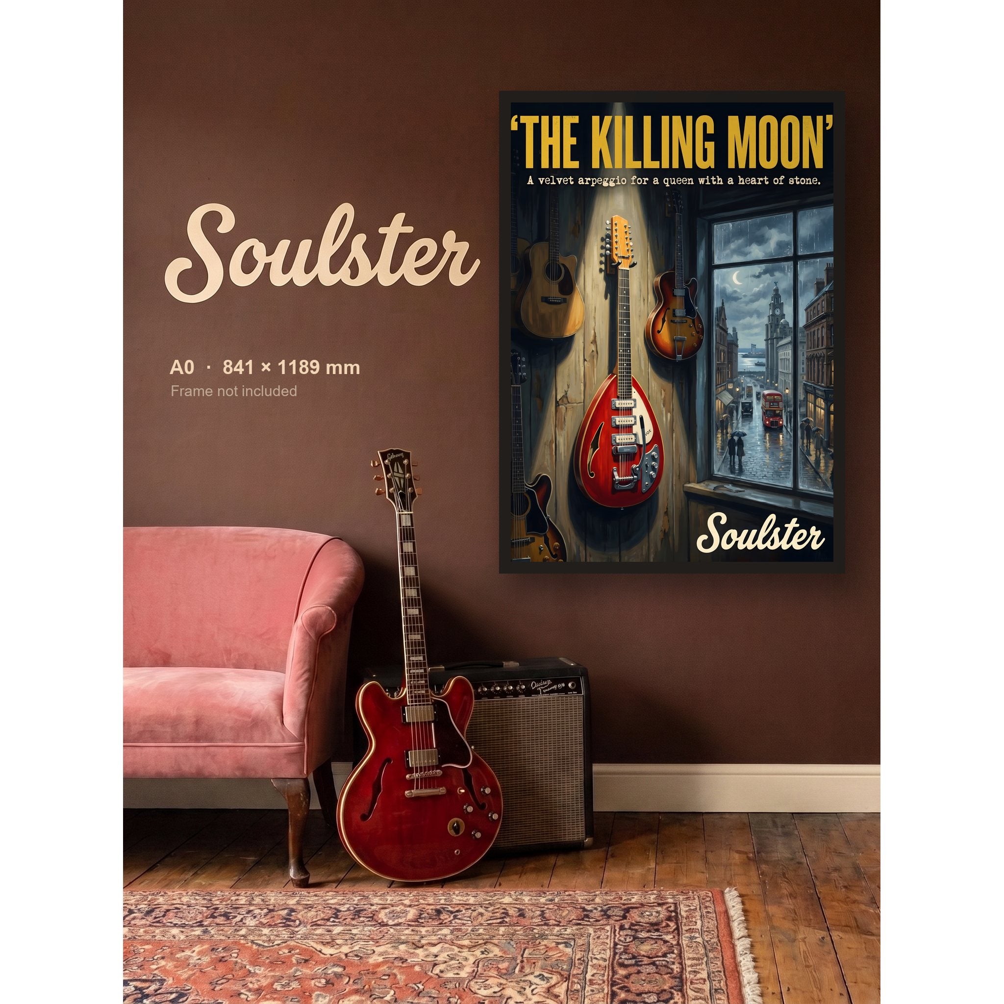 The Killing Moon - Liverpool shown framed on a wall in A0 size. Frame not included.