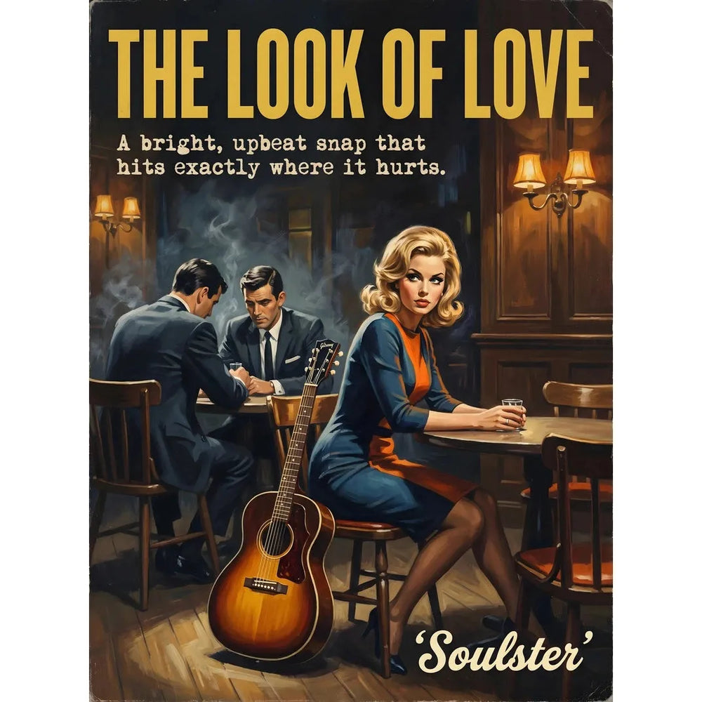Soulster cinematic vintage pulp book cover art print illustration styled in a classic 1960s theme inspired by The Look Of Love.