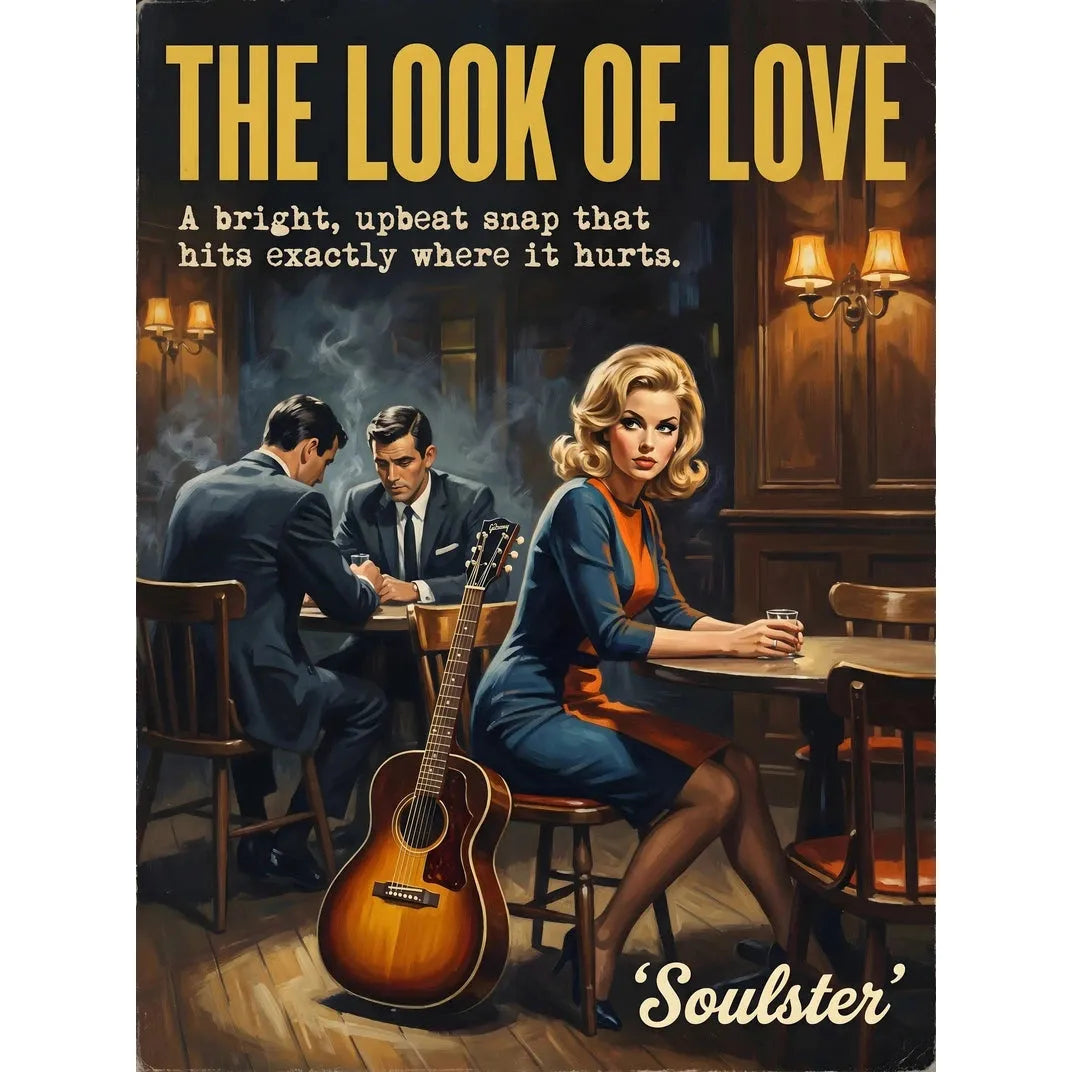 Soulster cinematic vintage pulp book cover art print illustration styled in a classic 1960s theme inspired by The Look Of Love.
