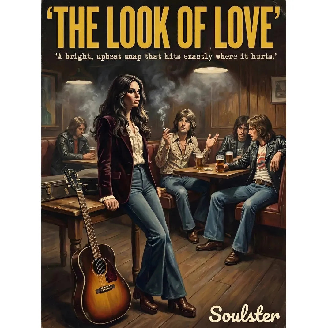 Soulster cinematic vintage pulp book cover art print illustration styled in a classic 1970s theme inspired by The Look Of Love.