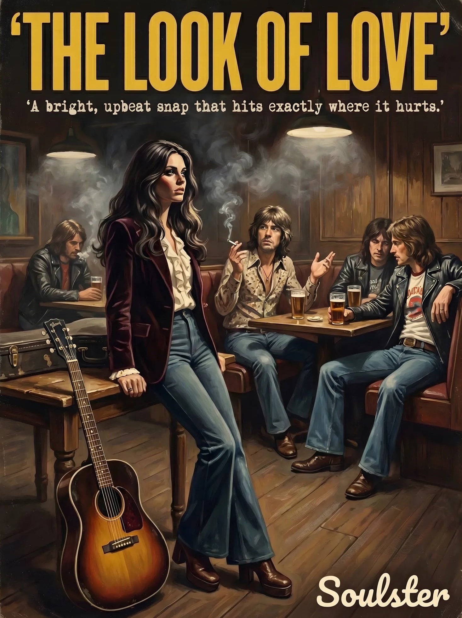 Soulster cinematic vintage pulp book cover art print illustration styled in a classic 1970s theme inspired by The Look Of Love.