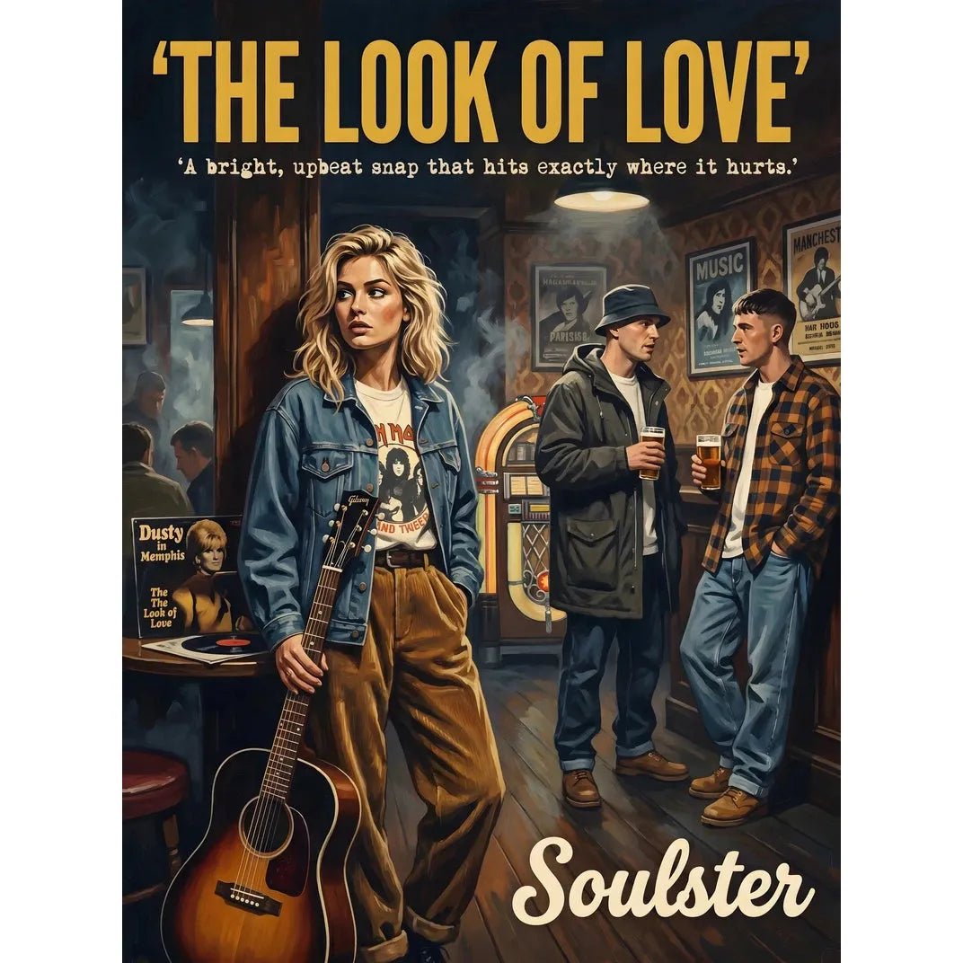 Soulster cinematic vintage pulp book cover art print illustration styled in a classic 1990s theme inspired by The Look Of Love.