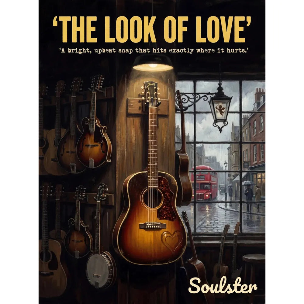 Soulster Manchester Edition wall art print showing a cinematic pulp style design of a Vintage Guitar inspired by The Look Of Love - London.