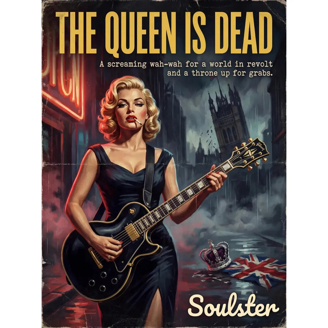 Soulster cinematic vintage pulp book cover art print illustration styled in a classic 1950s design layout inspired by The Queen Is Dead.
