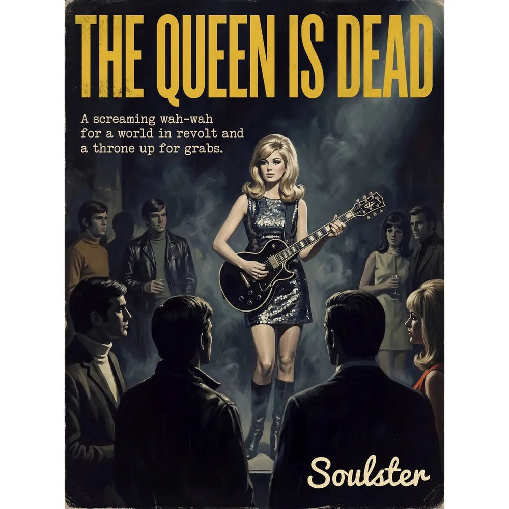 Soulster cinematic vintage pulp book cover art print illustration styled in a classic 1960s design layout inspired by The Queen Is Dead.
