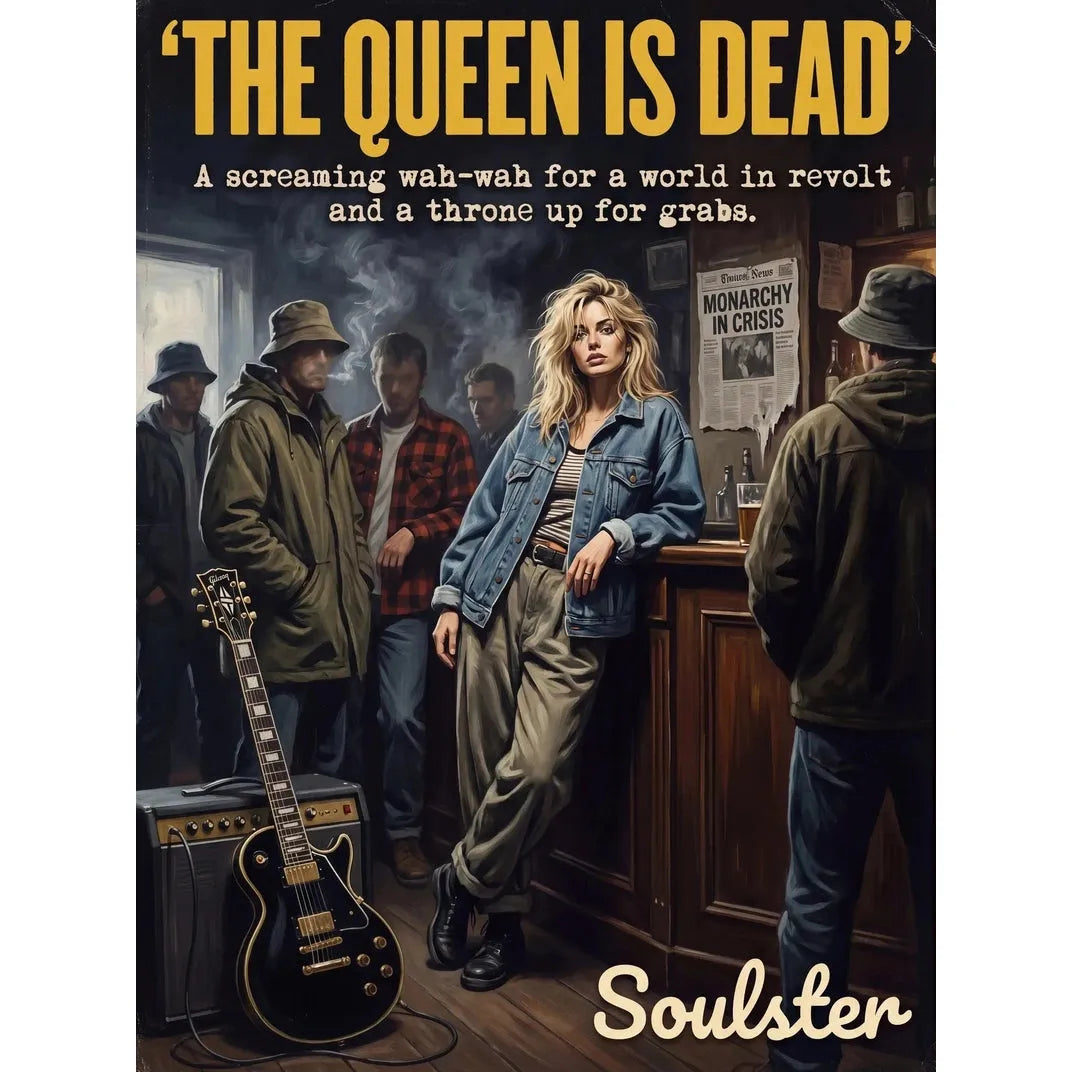 Soulster cinematic vintage pulp book cover art print illustration styled in a classic 1990s design layout inspired by The Queen Is Dead.
