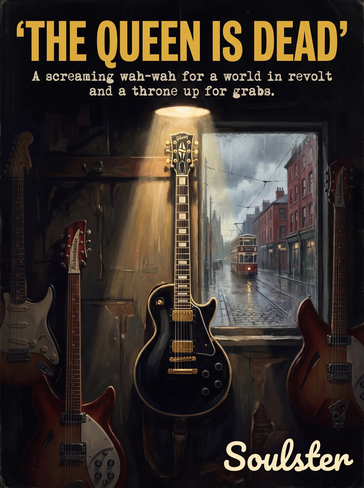 Soulster Manchester Edition wall art print showing a cinematic pulp style design of a Gibson Les Paul Custom inspired by The Queen Is Dead.